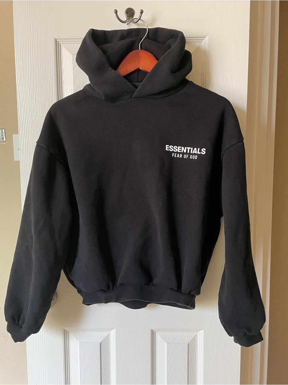 Essentials Fear of God Black Crewneck Hoodie with White Logo